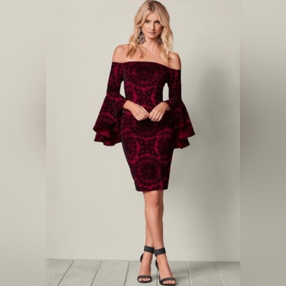 VENUS Off the shoulder Wine Color Bell Sleeve Dress With Black Velvet Design